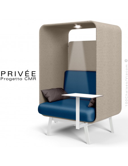 Banquette alcôve PRIVÉE, canopy LK535, assise LK541 coussin LK539, 1 tablette, 1 spot LED, structure peinture blanche.