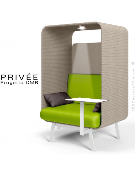 Banquette alcôve PRIVÉE, canopy LK535, assise LK542 coussin LK539, 1 tablette, 1 spot LED, structure peinture blanche.