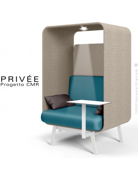 Banquette alcôve PRIVÉE, canopy LK535, assise LK543 coussin LK539, 1 tablette, 1 spot LED, structure peinture blanche.