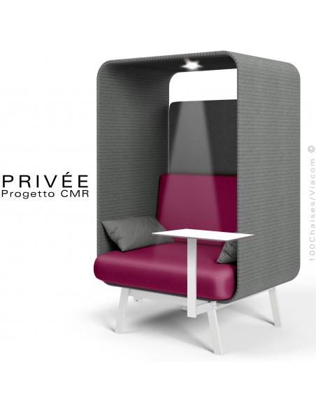 Banquette alcôve PRIVÉE, canopy 538, assise 530, coussin 538, une tablette, un spot LED, structure blanche.