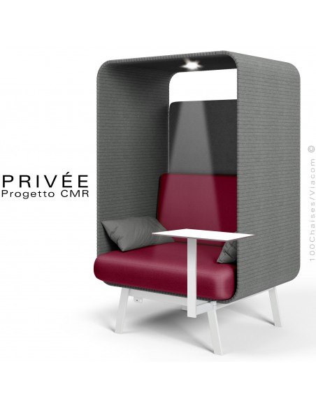 Banquette alcôve PRIVÉE, canopy 538, assise 531, coussin 538, une tablette, un spot LED, structure blanche.