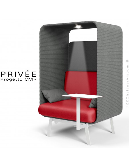 Banquette alcôve PRIVÉE, canopy 538, assise 532, coussin 538, une tablette, un spot LED, structure blanche.