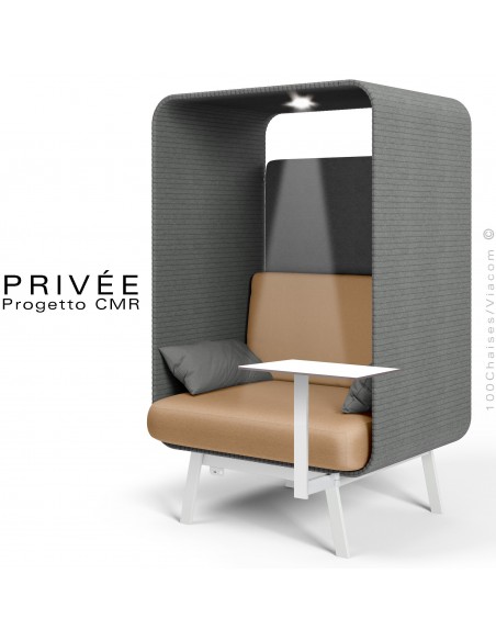 Banquette alcôve PRIVÉE, canopy 538, assise 534, coussin 538, une tablette, un spot LED, structure blanche.