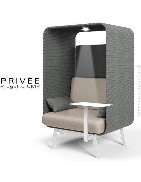 Banquette alcôve PRIVÉE, canopy 538, assise 535, coussin 538, une tablette, un spot LED, structure blanche.