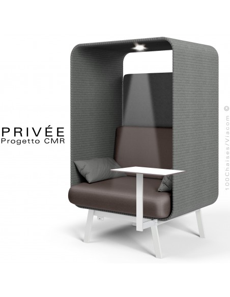 Banquette alcôve PRIVÉE, canopy 538, assise 539, coussin 538, une tablette, un spot LED, structure blanche.