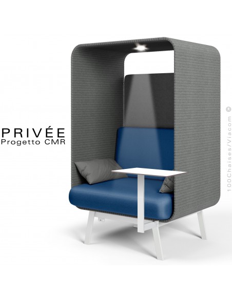 Banquette alcôve PRIVÉE, canopy 538, assise 540 coussin 538, une tablette, un spot LED, structure blanche.