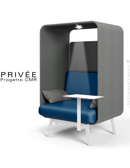 Banquette alcôve PRIVÉE, canopy 538, assise 541 coussin 538, une tablette, un spot LED, structure blanche.