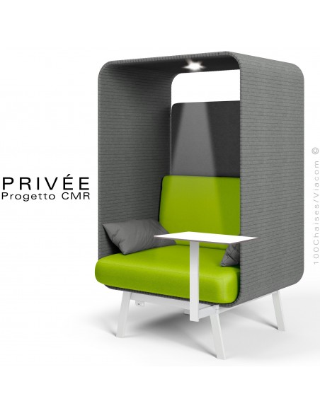 Banquette alcôve PRIVÉE, canopy 538, assise 542 coussin 538, une tablette, un spot LED, structure blanche.