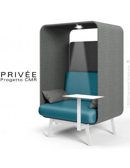 Banquette alcôve PRIVÉE, canopy 538, assise 543 coussin 538, une tablette, un spot LED, structure blanche.