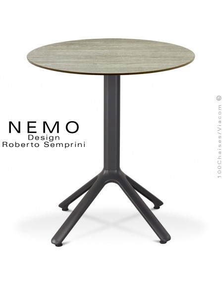 Table NEMO pour CHR., piétement aluminium peint anthracite, plateau Ø60 cm., compact chêne.