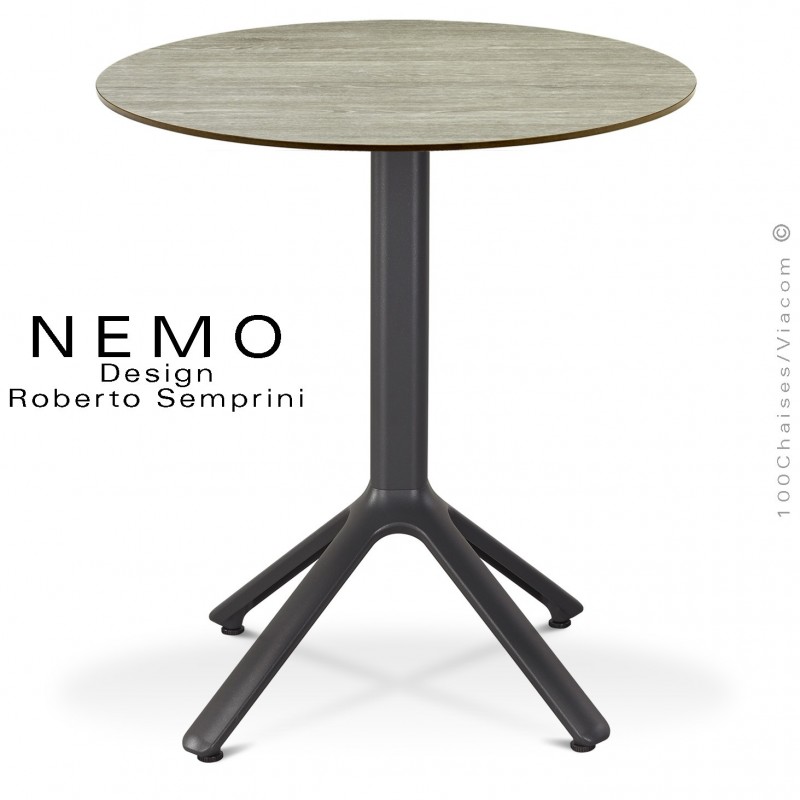 Table NEMO pour CHR., piétement aluminium peint anthracite, plateau Ø60 cm., compact chêne.