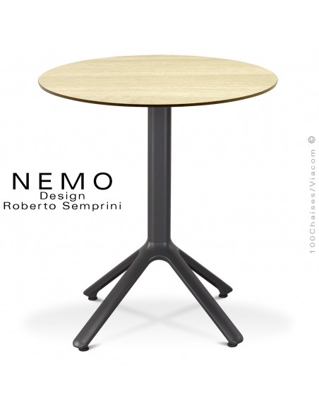 Table NEMO pour CHR., piétement aluminium peint anthracite, plateau Ø60 cm., compact chêne clair.