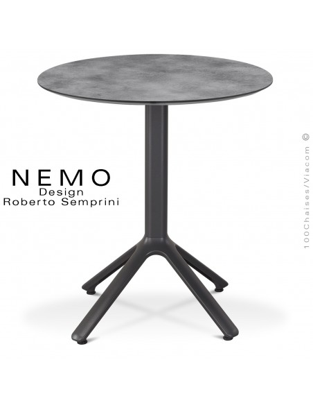Table NEMO pour CHR., piétement aluminium peint anthracite, plateau Ø60 cm., compact ciment.