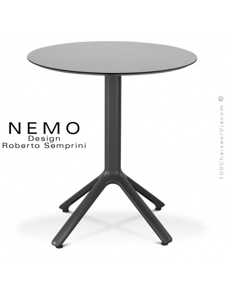 Table NEMO pour CHR., piétement aluminium peint anthracite, plateau Ø60 cm., compact gris.