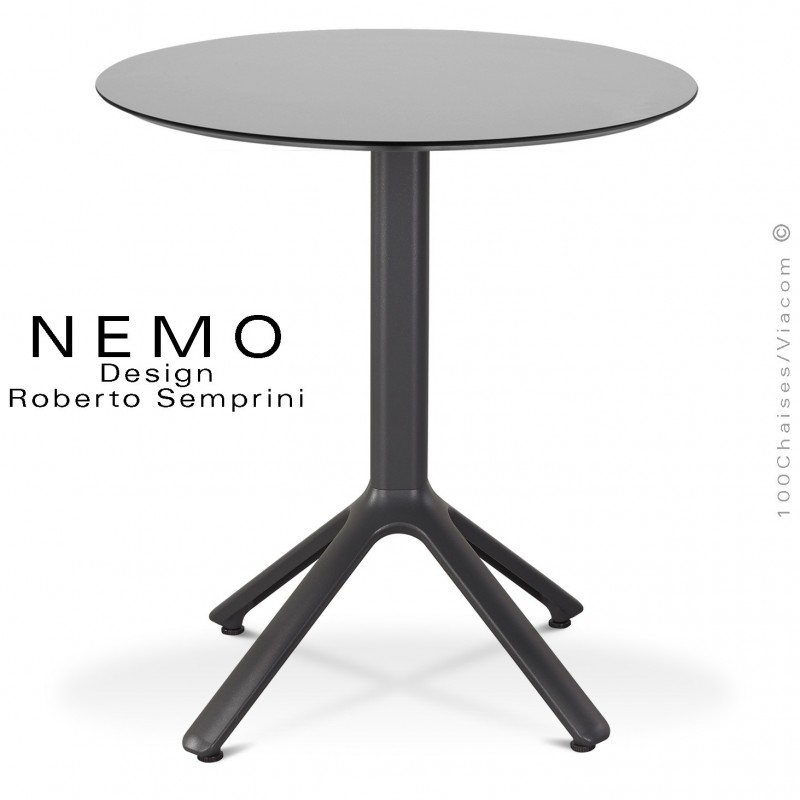 Table NEMO pour CHR., piétement aluminium peint anthracite, plateau Ø60 cm., compact gris.