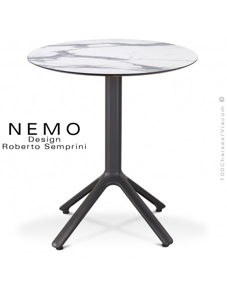 Table NEMO pour CHR., piétement aluminium peint anthracite, plateau Ø60 cm., compact marbre blanc.