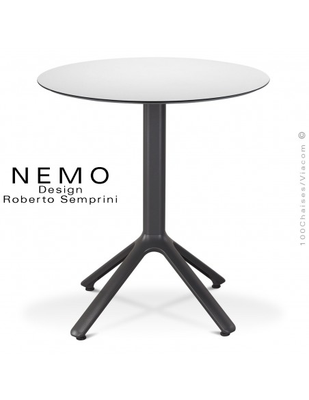 Table NEMO pour CHR., piétement aluminium peint anthracite, plateau Ø60 cm., compact blanc.