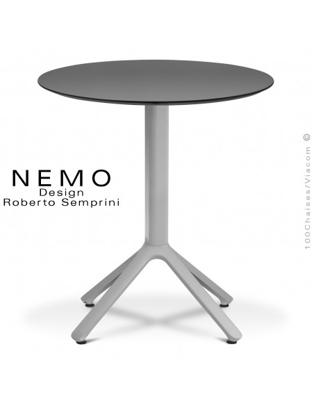 Table NEMO pour CHR., piétement aluminium peint argent, plateau Ø60 cm., compact anthracite.