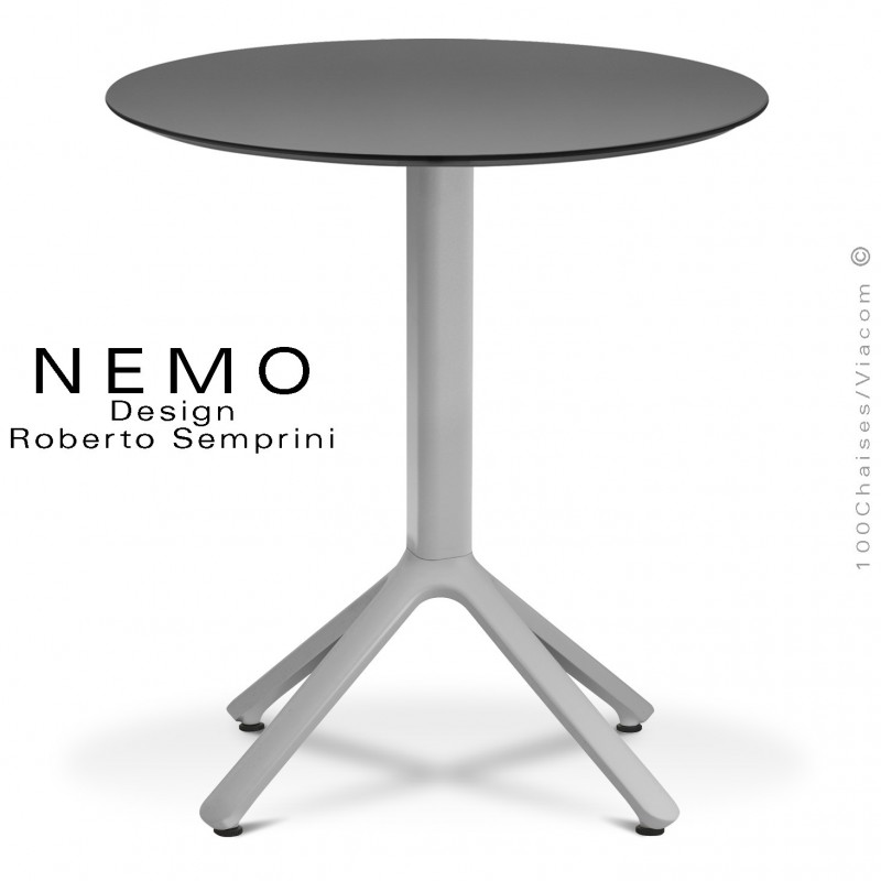 Table NEMO pour CHR., piétement aluminium peint argent, plateau Ø60 cm., compact anthracite.