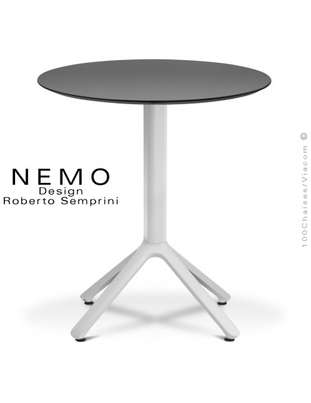 Table NEMO pour CHR., piétement aluminium peint blanc, plateau Ø60 cm., compact anthracite.