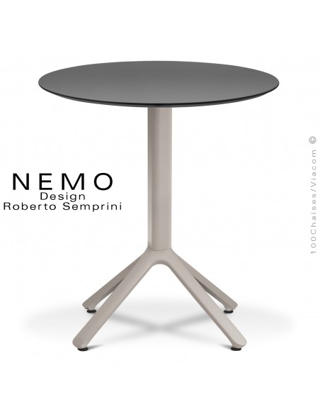 Table NEMO pour CHR., piétement aluminium peint gris Tourterelle, plateau Ø60 cm., compact anthracite.
