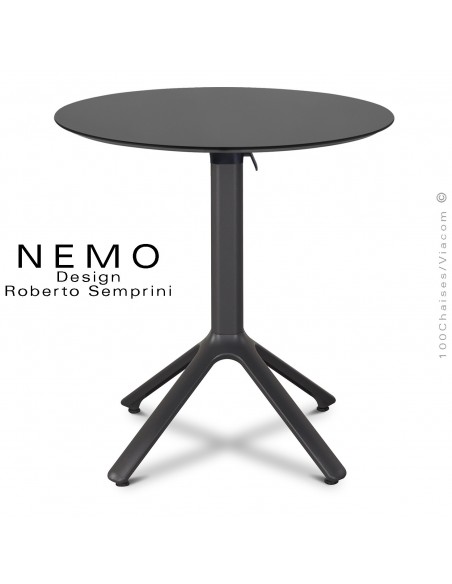 Table NEMO, pour CHR., piétement encastrable aluminium anthracite, plateau Ø60 cm., rabattable compact anthracite.