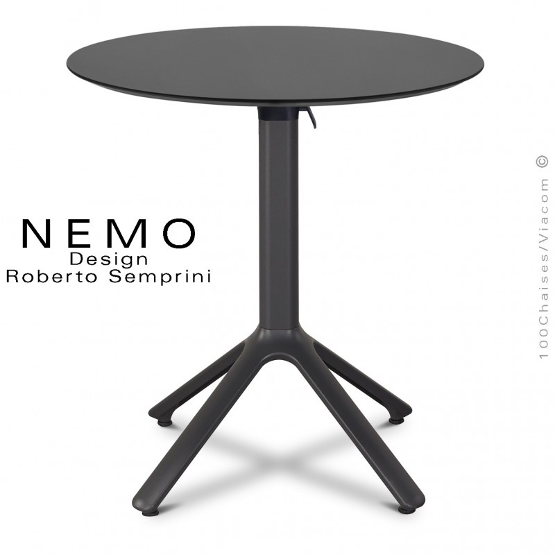 Table NEMO, pour CHR., piétement encastrable aluminium anthracite, plateau Ø60 cm., rabattable compact anthracite.
