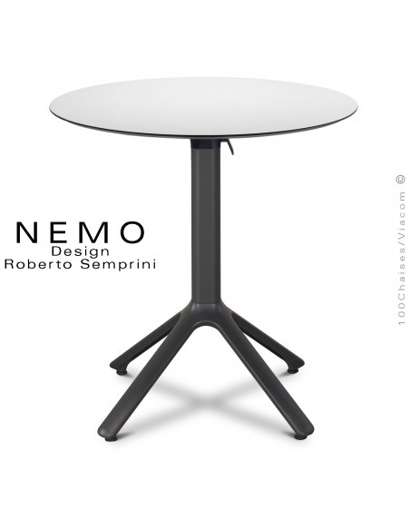 Table NEMO, pour CHR., piétement encastrable aluminium anthracite, plateau Ø60 cm., rabattable compact blanc.