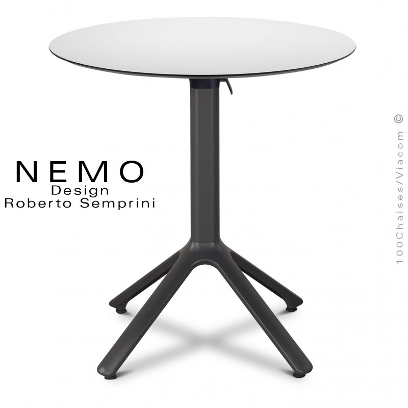 Table NEMO, pour CHR., piétement encastrable aluminium anthracite, plateau Ø60 cm., rabattable compact blanc.