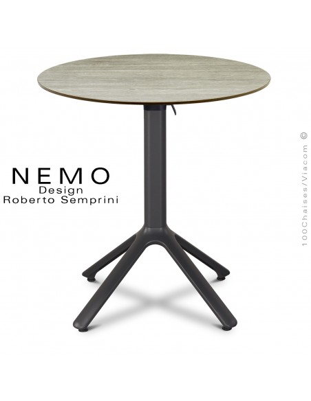Table NEMO, pour CHR., piétement encastrable aluminium anthracite, plateau Ø60 cm., rabattable compact chêne.