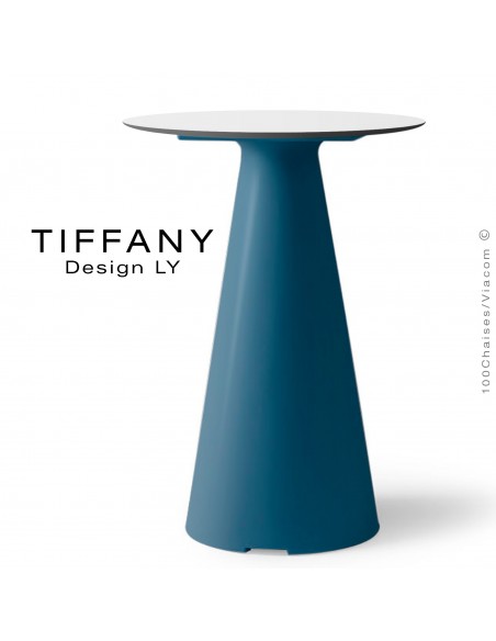 Table TIFFANY, piétement plastique bleu, plateau Ø60cm compact couleur blanc