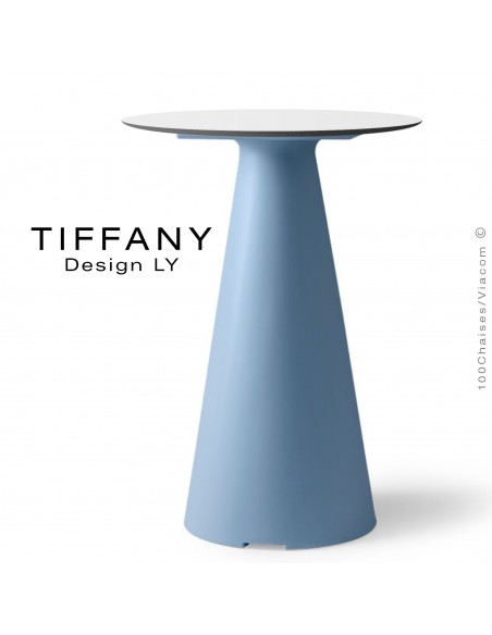 Table TIFFANY, piétement plastique bleu clair, plateau Ø60cm compact couleur blanc