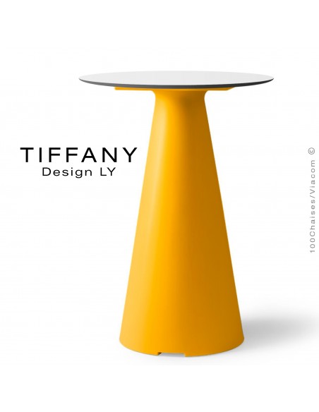 Table TIFFANY, piétement plastique jaune, plateau Ø60cm compact couleur blanc