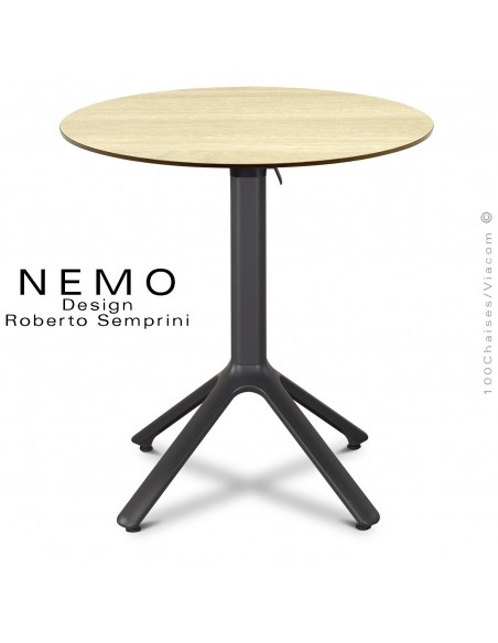 Table NEMO, pour CHR., piétement encastrable aluminium anthracite, plateau Ø60 cm., rabattable compact chêne. clair.
