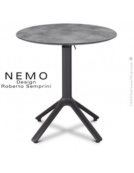 Table NEMO, pour CHR., piétement encastrable aluminium anthracite, plateau Ø60 cm., rabattable compact ciment.