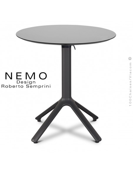 Table NEMO, pour CHR., piétement encastrable aluminium anthracite, plateau Ø60 cm., rabattable compact gris.