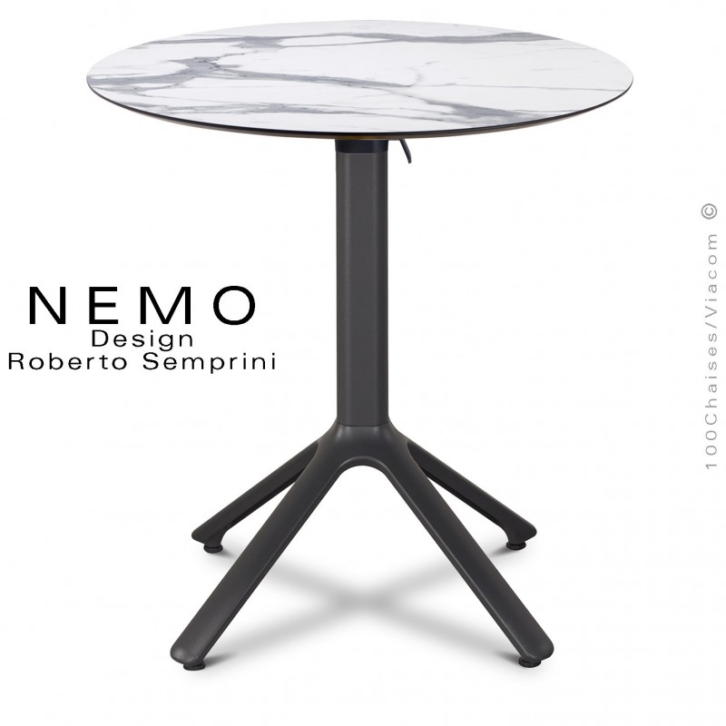 Table NEMO, pour CHR., piétement encastrable aluminium anthracite, plateau Ø60 cm., rabattable compact marbre blanc.
