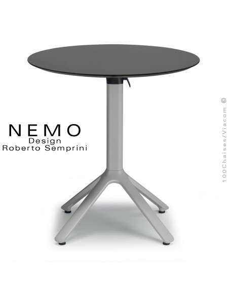 Table NEMO, pour CHR., piétement encastrable aluminium argent, plateau Ø60 cm., rabattable compact anthracite.
