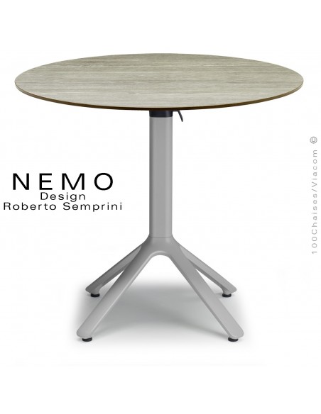 Table NEMO, pour CHR., piétement encastrable aluminium argent, plateau Ø80 cm., rabattable compact chêne.