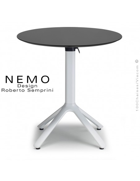 Table NEMO, pour CHR., piétement encastrable aluminium blanc, plateau Ø60 cm., rabattable compact anthracite.