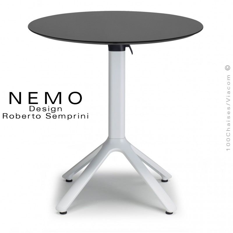 Table NEMO, pour CHR., piétement encastrable aluminium blanc, plateau Ø60 cm., rabattable compact anthracite.
