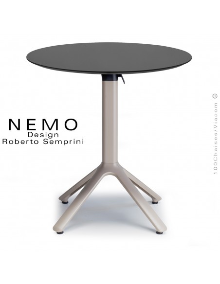Table NEMO, pour CHR., piétement encastrable aluminium gris Tourterelle, plateau Ø60 cm., rabattable compact anthracite.