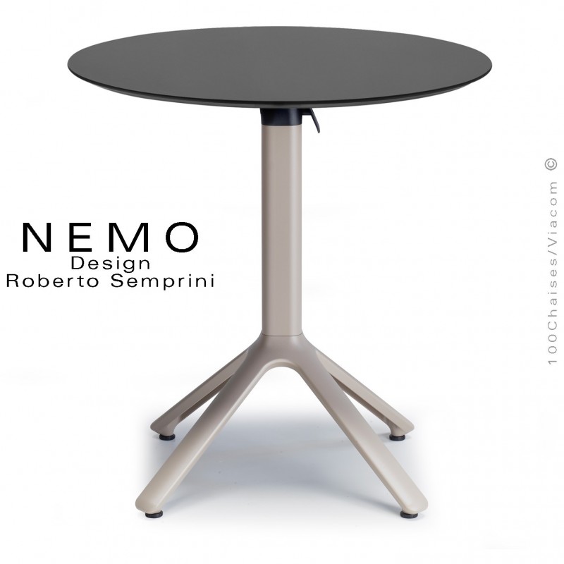 Table NEMO, pour CHR., piétement encastrable aluminium gris Tourterelle, plateau Ø60 cm., rabattable compact anthracite.
