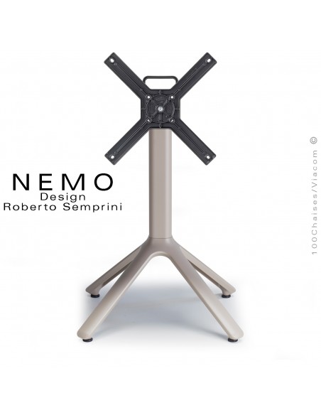 Table NEMO, piétement gris Tourterelle encastrable et plateau rabattable.