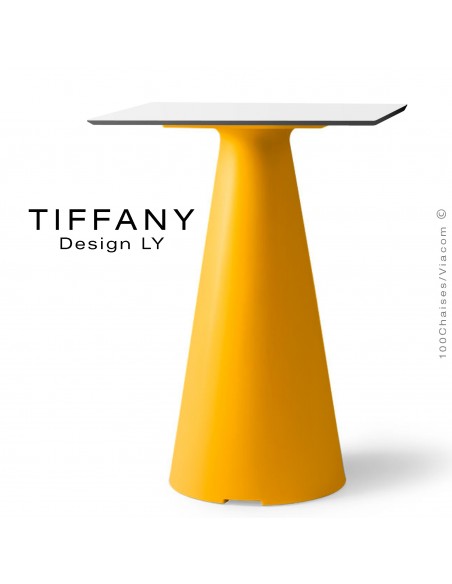 Table TIFFANY, piétement plastique jaune, plateau compact 60x60 couleur blanc