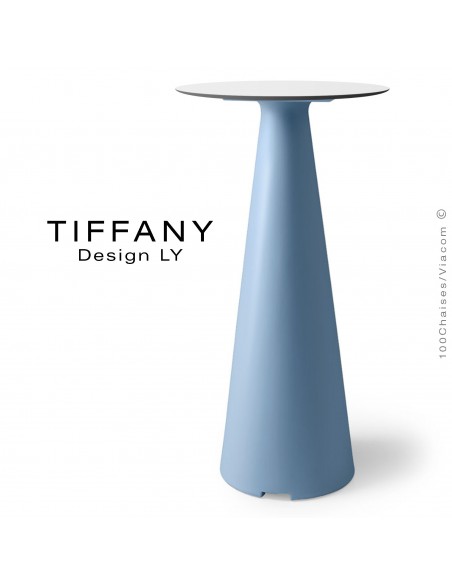 Table mange debout TIFFANY, piétement plastique bleu clair, plateau compact Ø60 couleur blanc