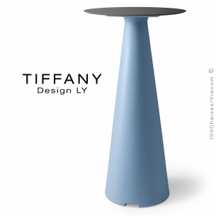 Table mange debout TIFFANY, piétement plastique bleu clair, plateau compact Ø60 couleur noir