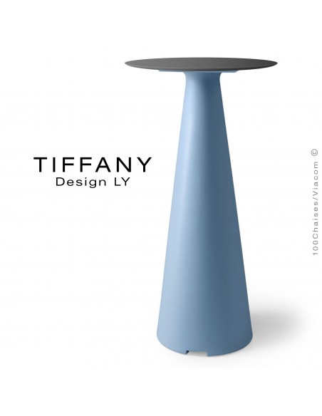 Table mange debout TIFFANY, piétement plastique bleu clair, plateau compact Ø60 couleur noir