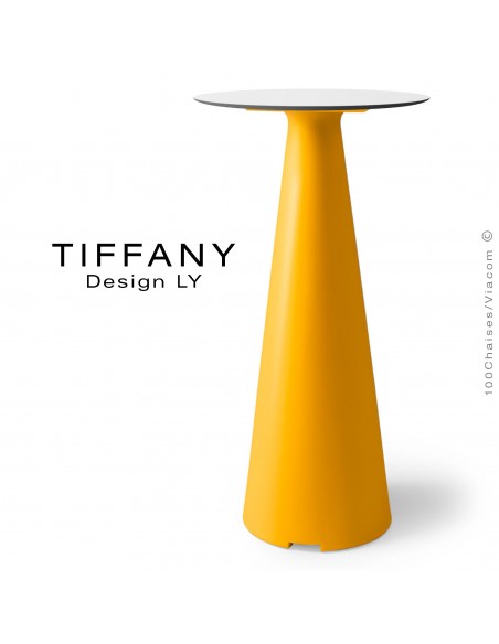 Table mange debout TIFFANY, piétement plastique jaune, plateau compact Ø60 couleur blanc
