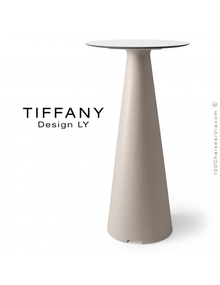 Table mange debout TIFFANY, piétement plastique marron, plateau compact Ø60 couleur blanc